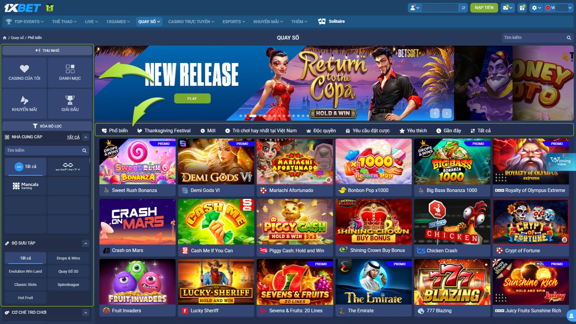 Sử dụng bộ lọc để nhanh chóng tìm thấy các trò chơi yêu thích của bạn tại casino trực tuyến 1xbet.