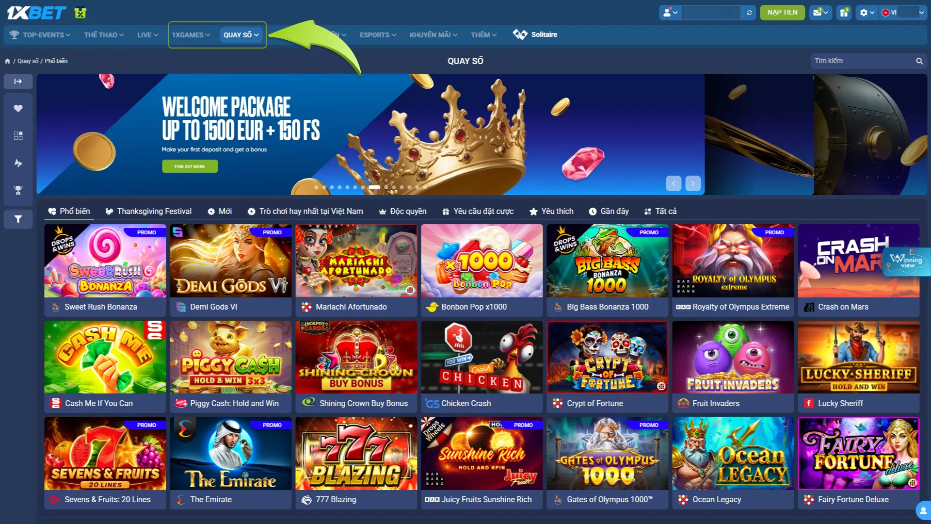 Truy cập tab Casino và giành chiến thắng khi chơi game slot trên nền tảng 1xbet.