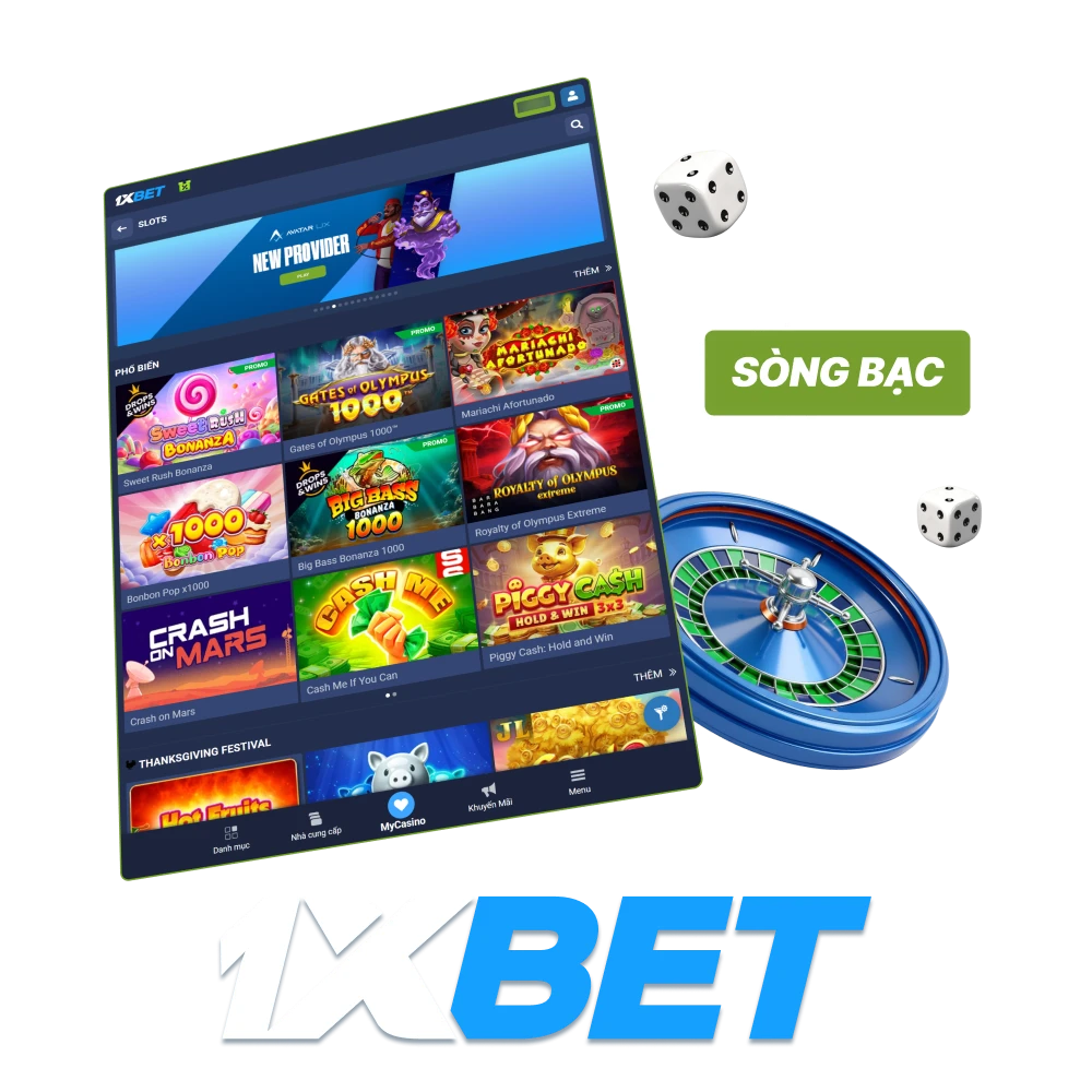 Thưởng thức slots, live dealer, crash games tại casino trực tuyến 1xbet.