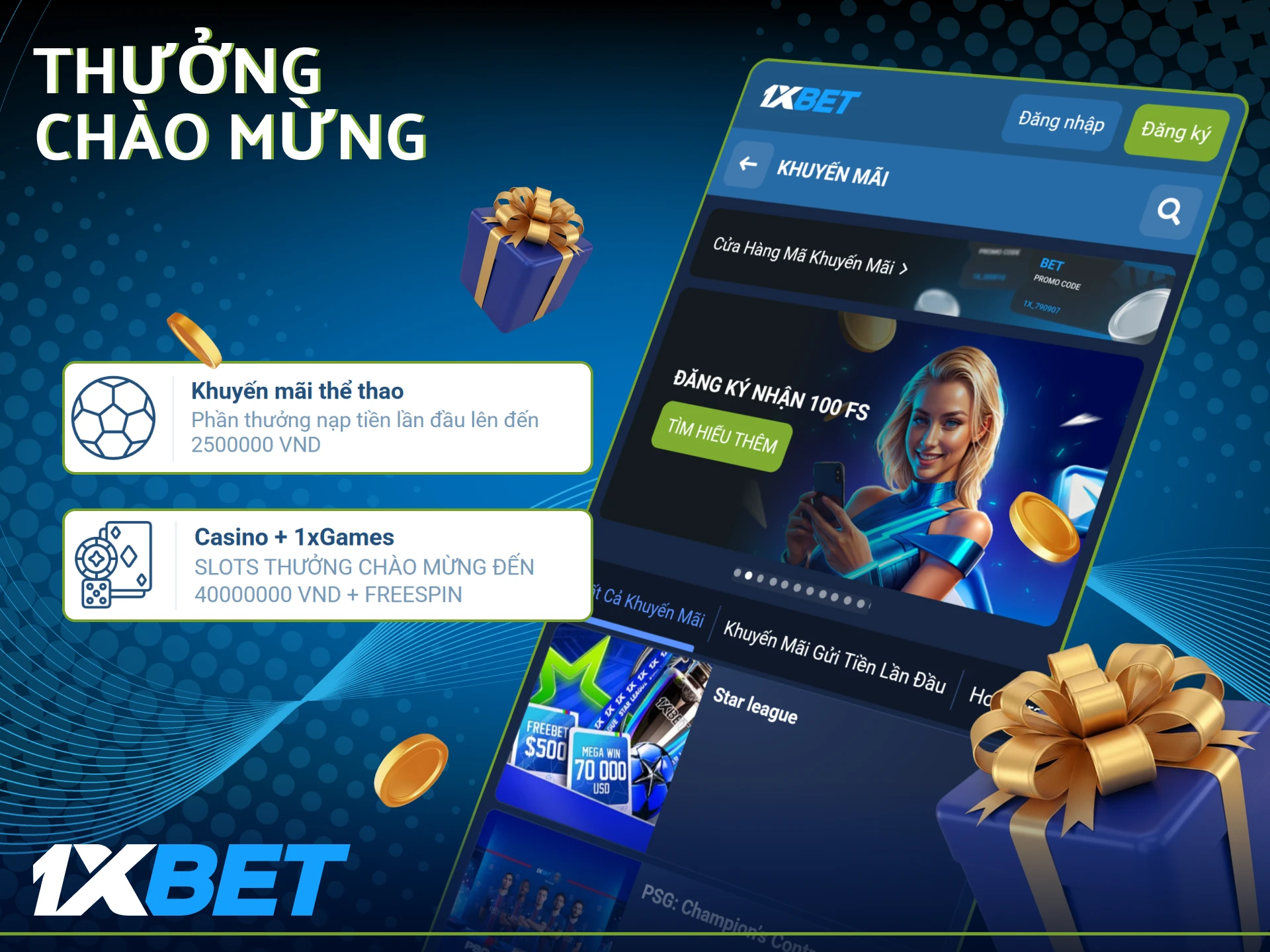 Đăng ký và nhận tiền thưởng chào mừng cho người dùng mới trong ứng dụng 1xbet.