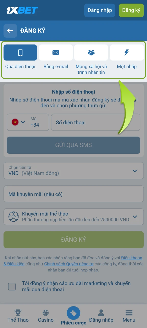 Chọn phương thức đăng ký mà bạn muốn.