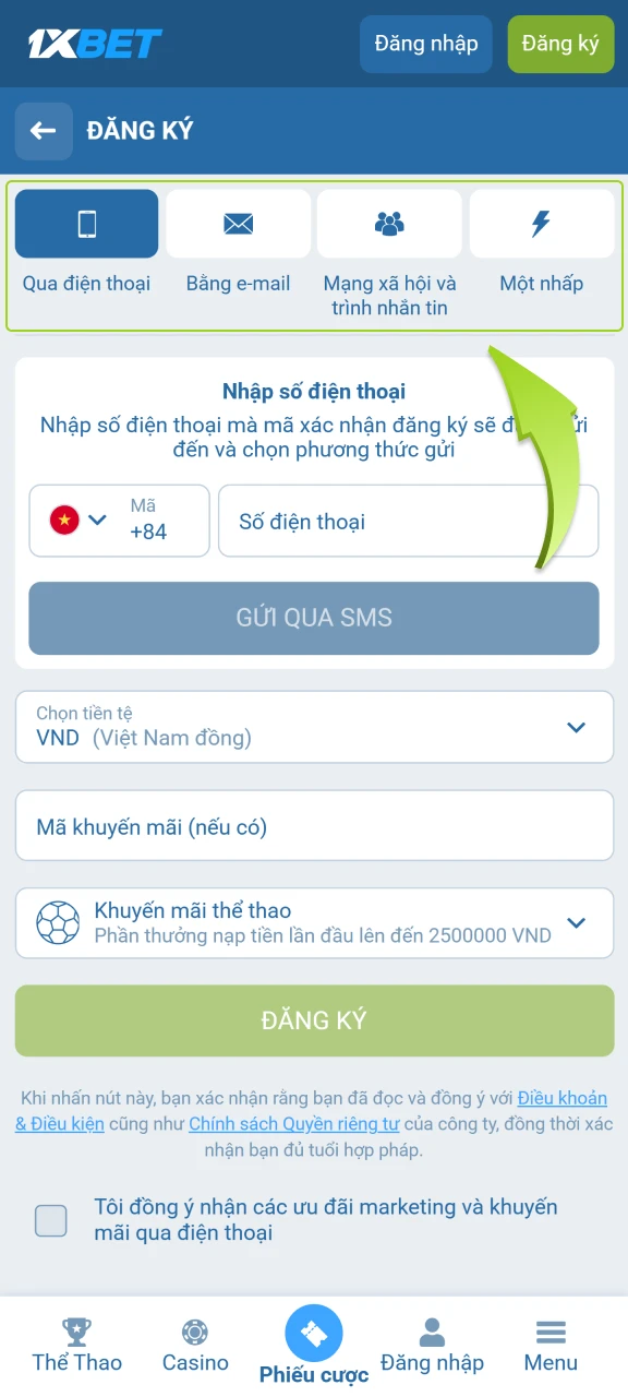 Chọn một trong các phương thức đăng ký được gợi ý.