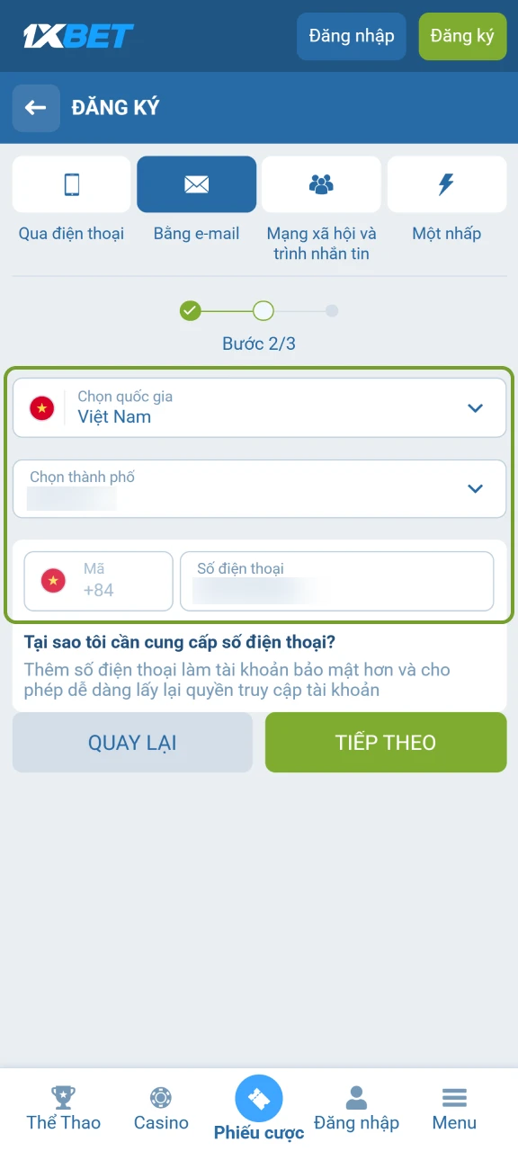Chọn quốc gia Việt Nam và đơn vị tiền tệ VND.