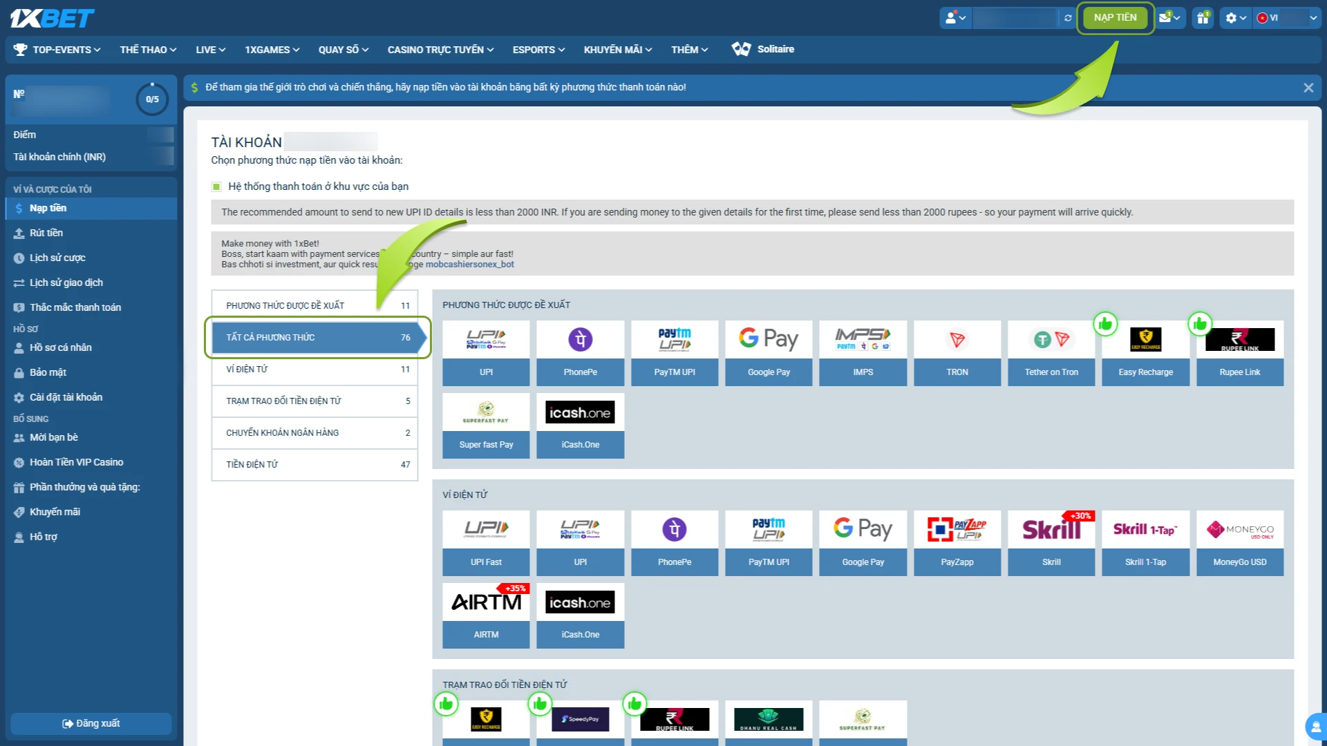 1xBet cung cấp nhiều phương thức nạp tiền đa dạng.