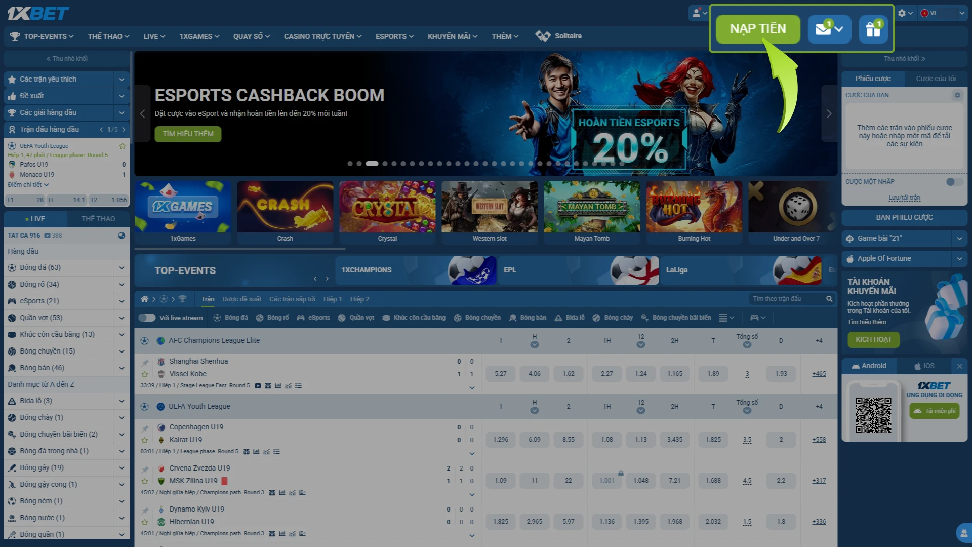 Mở Ví 1xBet từ thanh điều hướng trên để nạp tiền.