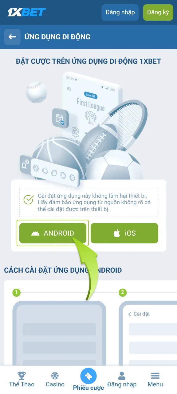 Nhấn Tải xuống để cài đặt ứng dụng 1xbet.