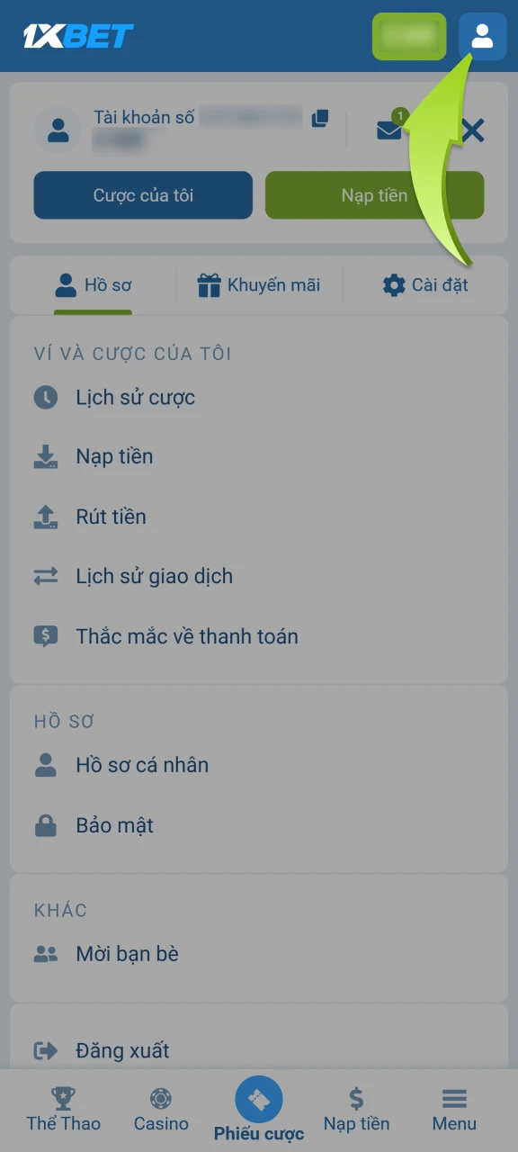 Để kích hoạt tiền thưởng 1xBet, hãy vào phần Hồ sơ.