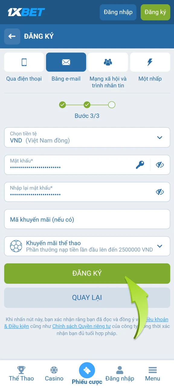 Hoàn tất đăng ký tài khoản trên 1xbet bằng cách nhấn vào nút.