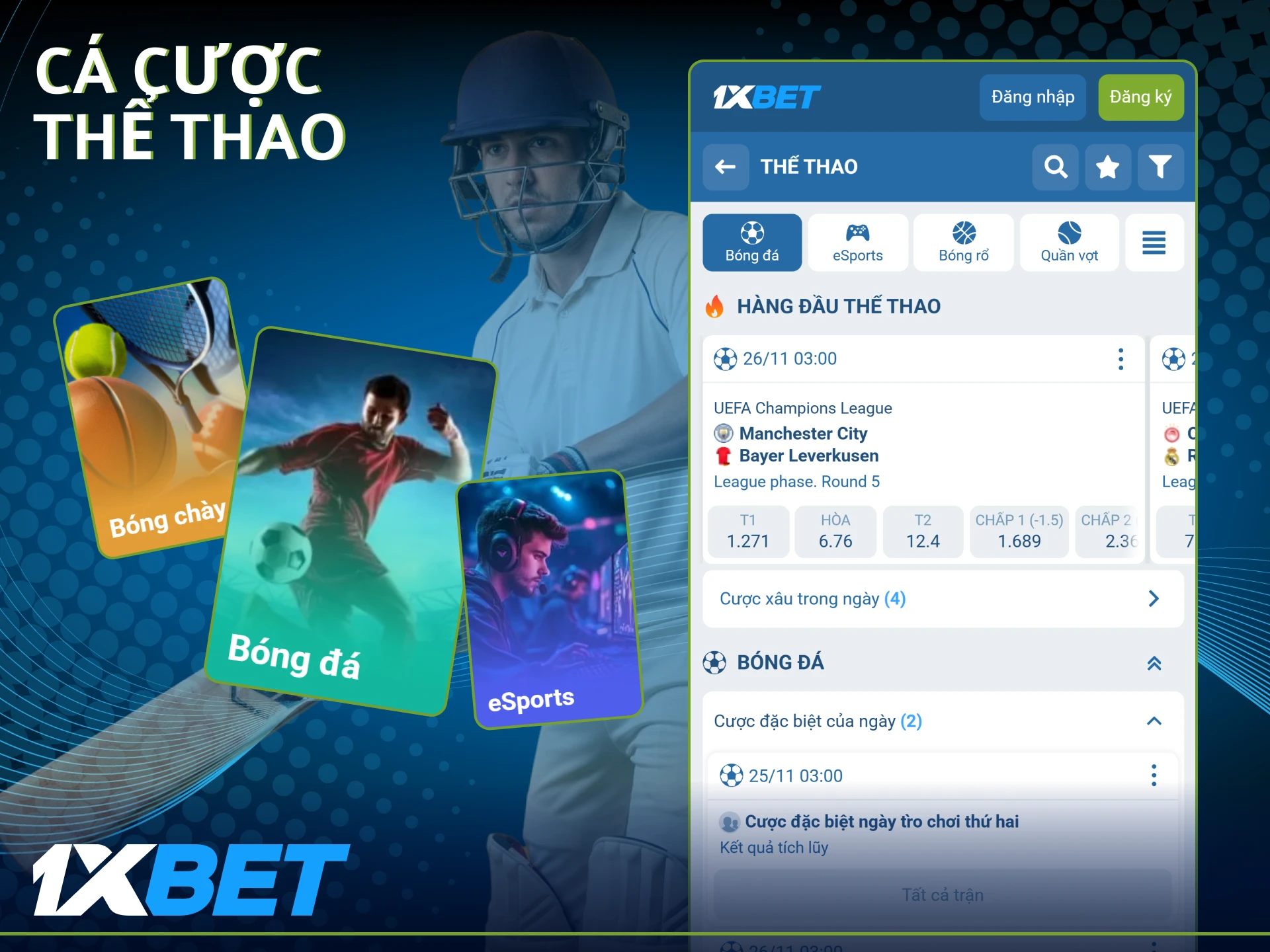 Nhiều môn thể thao có sẵn trong ứng dụng cá cược 1xBet.