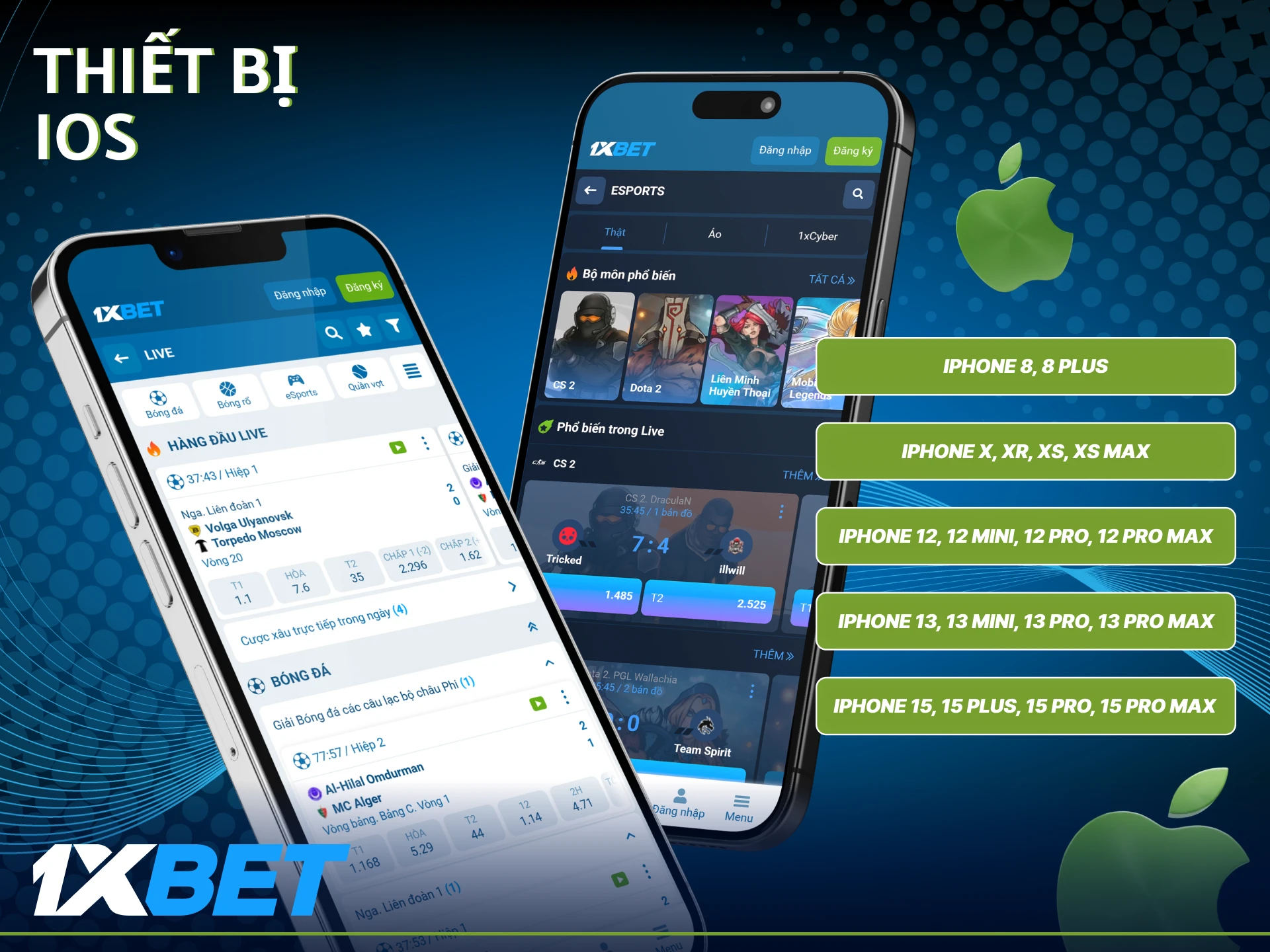 Ứng dụng 1xbet hỗ trợ nhiều loại thiết bị Apple hiện đại nhất.